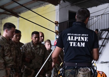 Soldiers from 10th Mountain Division and Bulgarian Land Forces 101st Alpine Regiment participate in the Rhodope 23 climbing techniques and fundamentals on Sep. 16, 2023, near Smolyan, Bulgaria