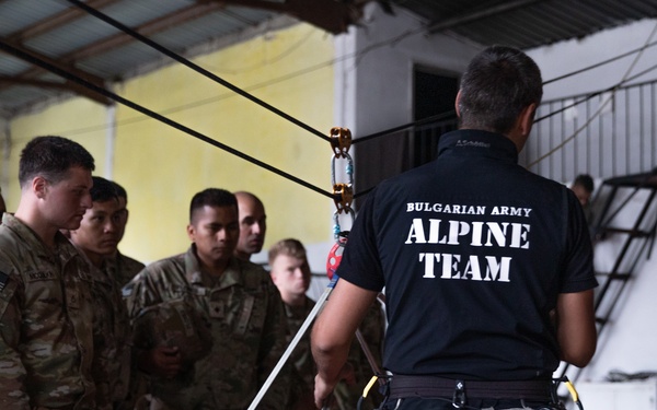 Soldiers from 10th Mountain Division and Bulgarian Land Forces 101st Alpine Regiment participate in the Rhodope 23 climbing techniques and fundamentals on Sep. 16, 2023, near Smolyan, Bulgaria