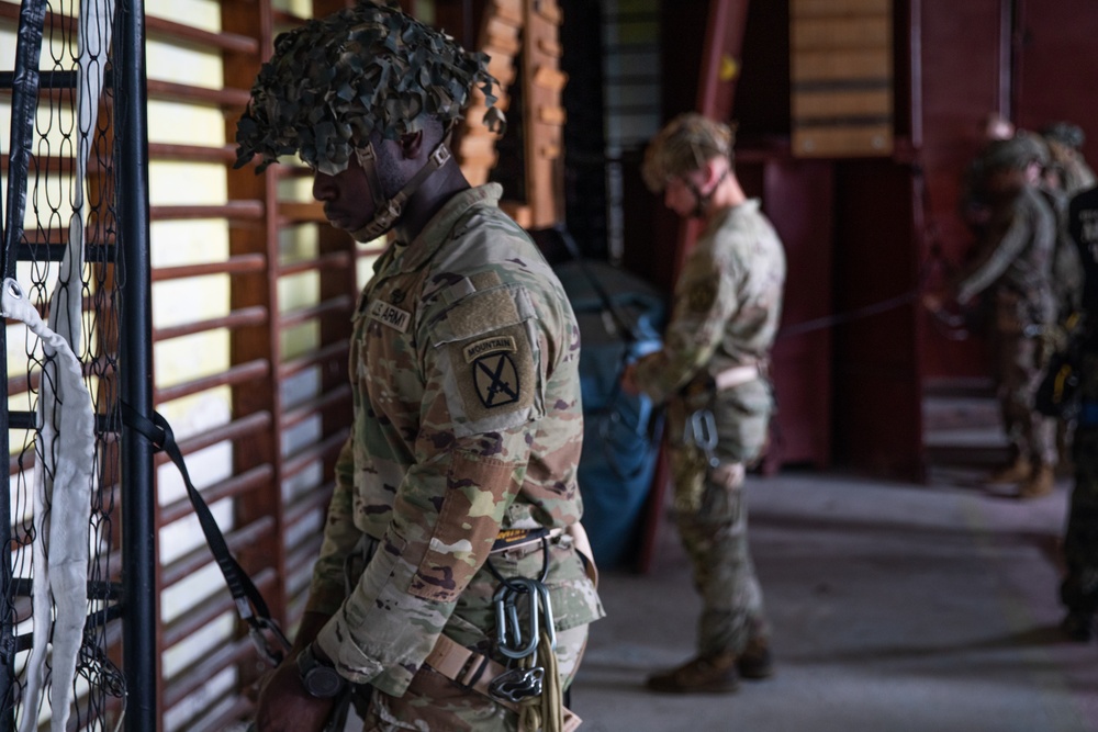 Soldiers from 10th Mountain Division and Bulgarian Land Forces 101st Alpine Regiment participate in the Rhodope 23 climbing techniques and fundamentals on Sep. 16, 2023, near Smolyan, Bulgaria