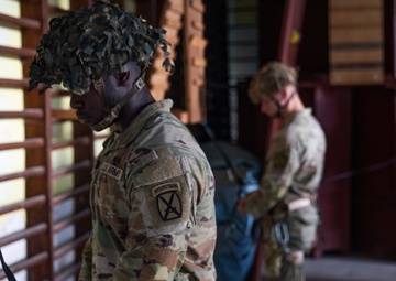 Soldiers from 10th Mountain Division and Bulgarian Land Forces 101st Alpine Regiment participate in the Rhodope 23 climbing techniques and fundamentals on Sep. 16, 2023, near Smolyan, Bulgaria