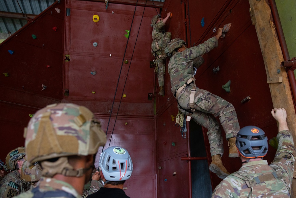 Soldiers from 10th Mountain Division and Bulgarian Land Forces 101st Alpine Regiment participate in the Rhodope 23 climbing techniques and fundamentals on Sep. 16, 2023, near Smolyan, Bulgaria