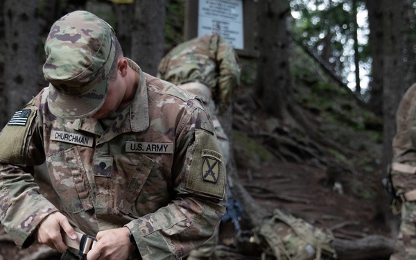 Soldiers from 10th Mountain Division and Bulgarian Land Forces 101st Alpine Regiment participate in the Rhodope 23 mountain movement technique in high-angle terrain event on Sep. 18, 2023, near Smolyan, Bulgaria