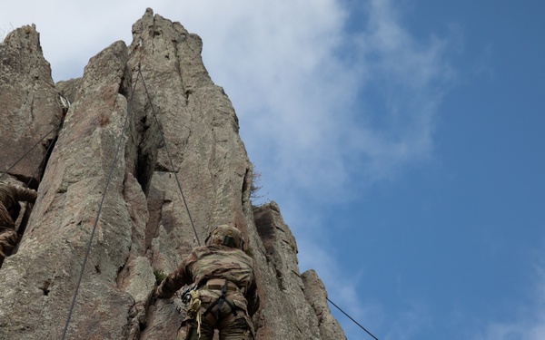 Soldiers from 10th Mountain Division and Bulgarian Land Forces 101st Alpine Regiment participate in the Rhodope 23 mountain movement technique in high-angle terrain event on Sep. 18, 2023, near Smolyan, Bulgaria