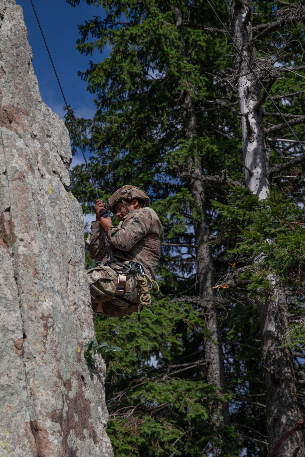 Soldiers from 10th Mountain Division and Bulgarian Land Forces 101st Alpine Regiment participate in the Rhodope 23 mountain movement technique in high-angle terrain event on Sep. 18, 2023, near Smolyan, Bulgaria