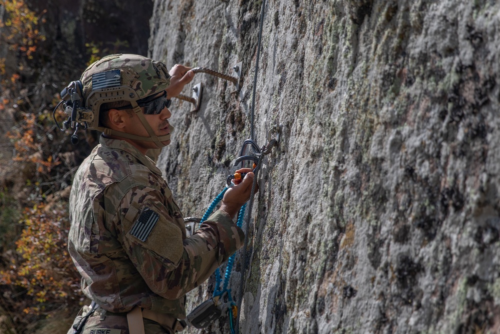 Soldiers from 10th Mountain Division and Bulgarian Land Forces 101st Alpine Regiment participate in the Rhodope 23 mountain movement technique in high-angle terrain event on Sep. 18, 2023, near Smolyan, Bulgaria