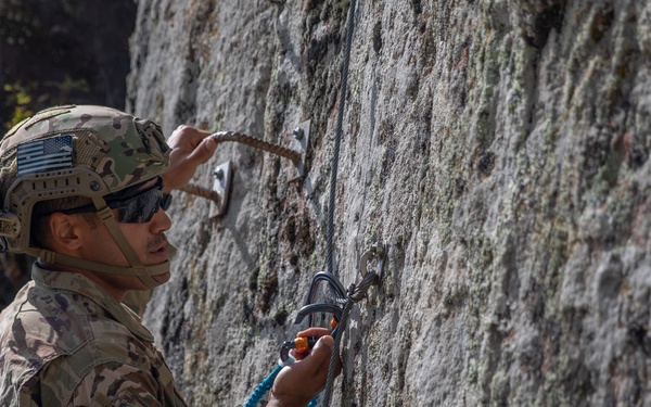 Soldiers from 10th Mountain Division and Bulgarian Land Forces 101st Alpine Regiment participate in the Rhodope 23 mountain movement technique in high-angle terrain event on Sep. 18, 2023, near Smolyan, Bulgaria