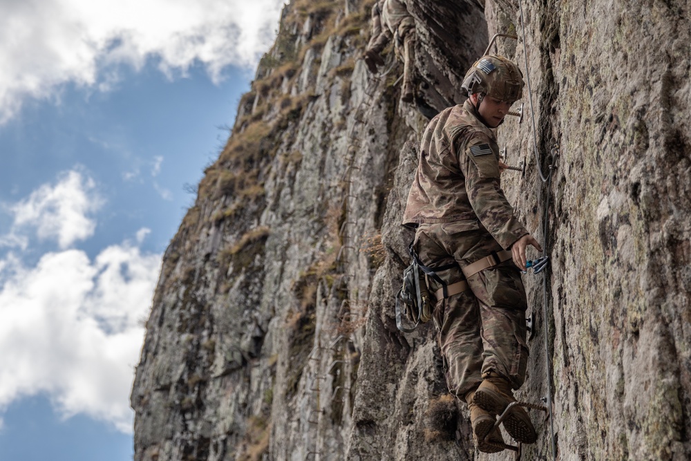 Soldiers from 10th Mountain Division and Bulgarian Land Forces 101st Alpine Regiment participate in the Rhodope 23 mountain movement technique in high-angle terrain event on Sep. 18, 2023, near Smolyan, Bulgaria