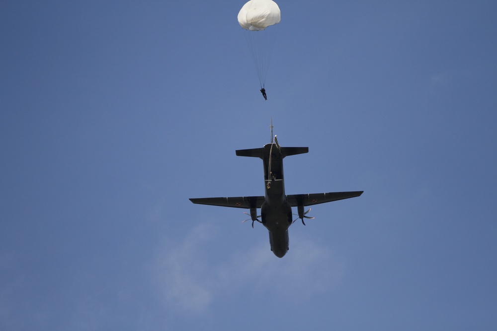 Paratroopers Exit aircraft during Falcon Leap