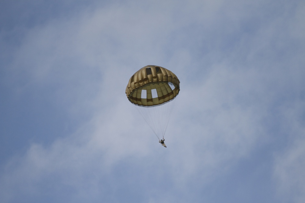 Paratroopers prepares to land during Falcon Leap