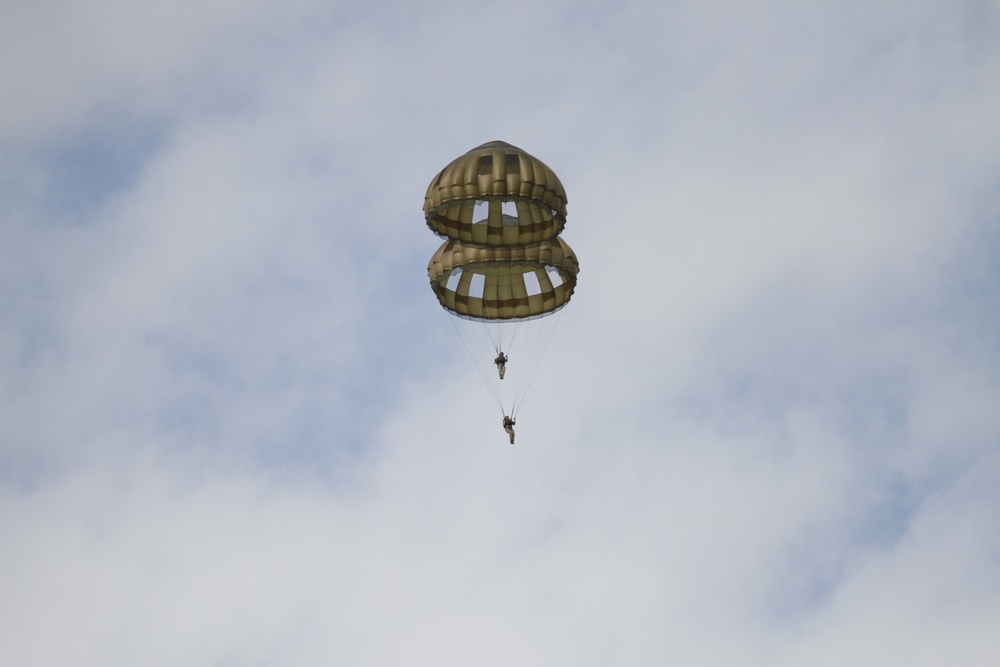 Paratroopers prepares to land during Falcon Leap