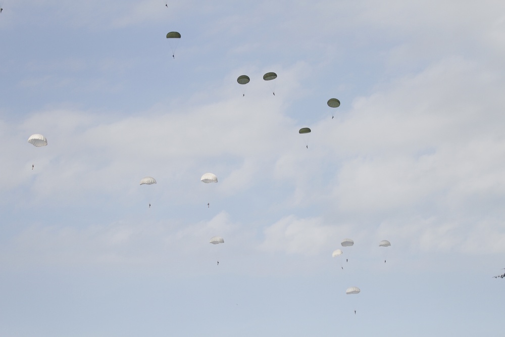 Paratroopers prepare tp land during Falcon Leap