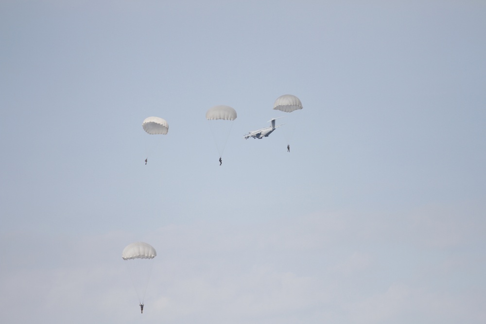 Paratroopers prepare to land during Falcon Leap