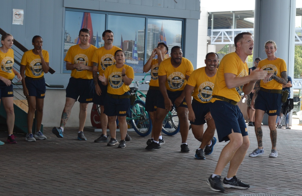 Chief Petty Officer selectees compete in cadence and guidon competition during annual CPO Heritage Days training event at the Hampton Roads Naval Museum