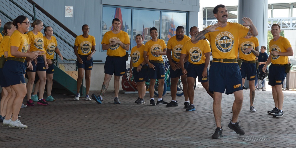 Chief Petty Officer selectees compete in cadence and guidon competition during annual CPO Heritage Days training event at the Hampton Roads Naval Museum