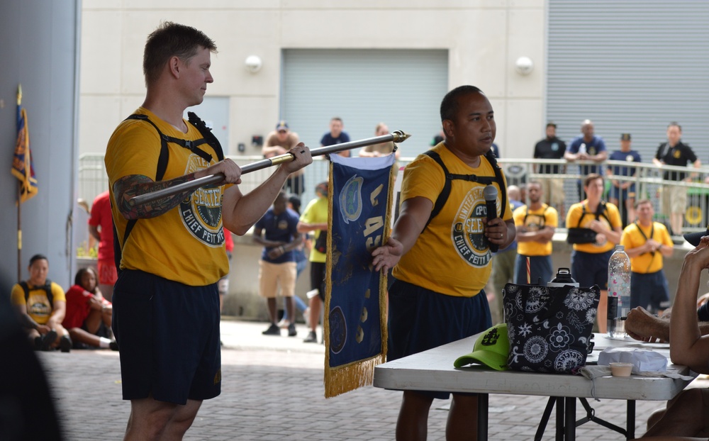 Chief Petty Officer selectees compete in cadence and guidon competition during annual CPO Heritage Days training event at the Hampton Roads Naval Museum