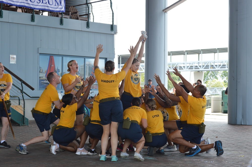 Chief Petty Officer selectees compete in cadence and guidon competition during annual CPO Heritage Days training event at the Hampton Roads Naval Museum