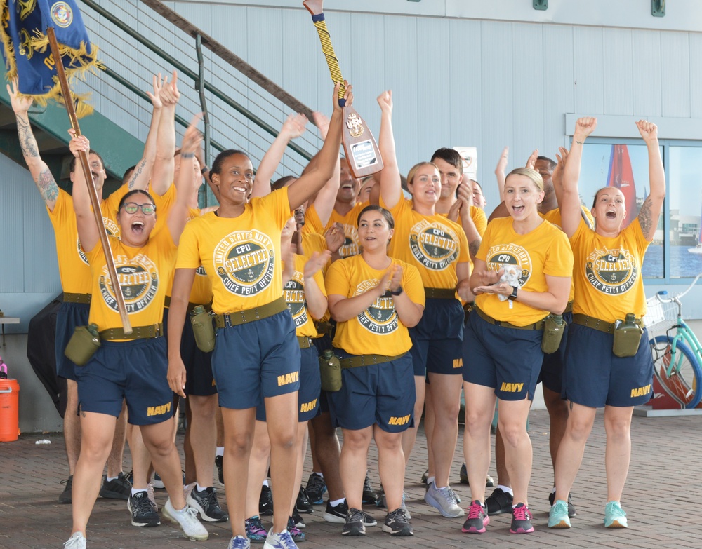 Chief Petty Officer selectees compete in cadence and guidon competition during annual CPO Heritage Days training event at the Hampton Roads Naval Museum