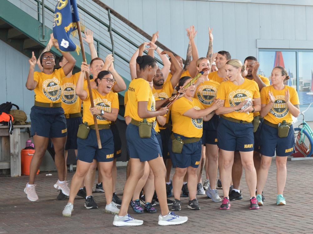 Chief Petty Officer selectees compete in cadence and guidon competition during annual CPO Heritage Days training event at the Hampton Roads Naval Museum