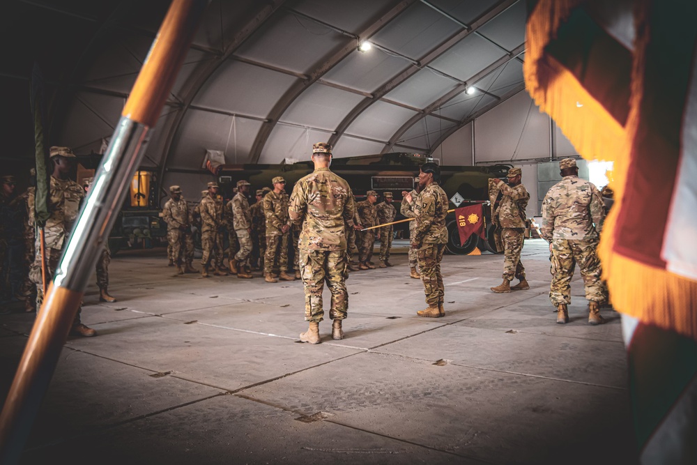 Soldiers of the Army Reserve’s 414th Transportation Company hold a transfer of authority