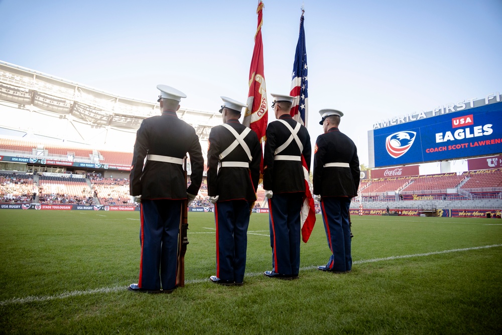 Marines perform color guard for USA v France Rugby match