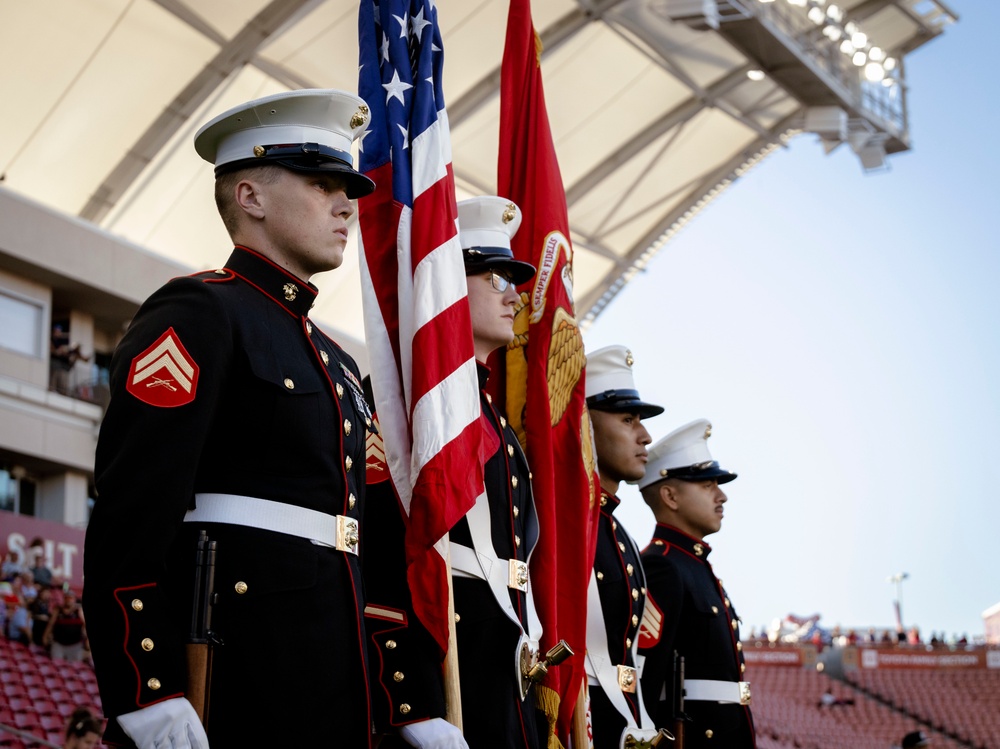 Marines perform color guard for USA v France Rugby match