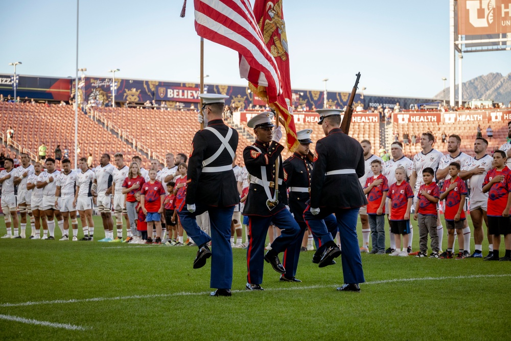 Marines perform color guard for USA v France Rugby match