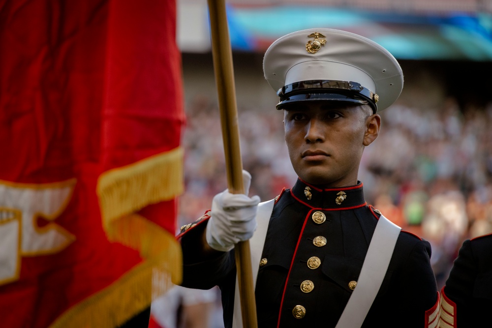 Marines perform color guard for USA v France Rugby match