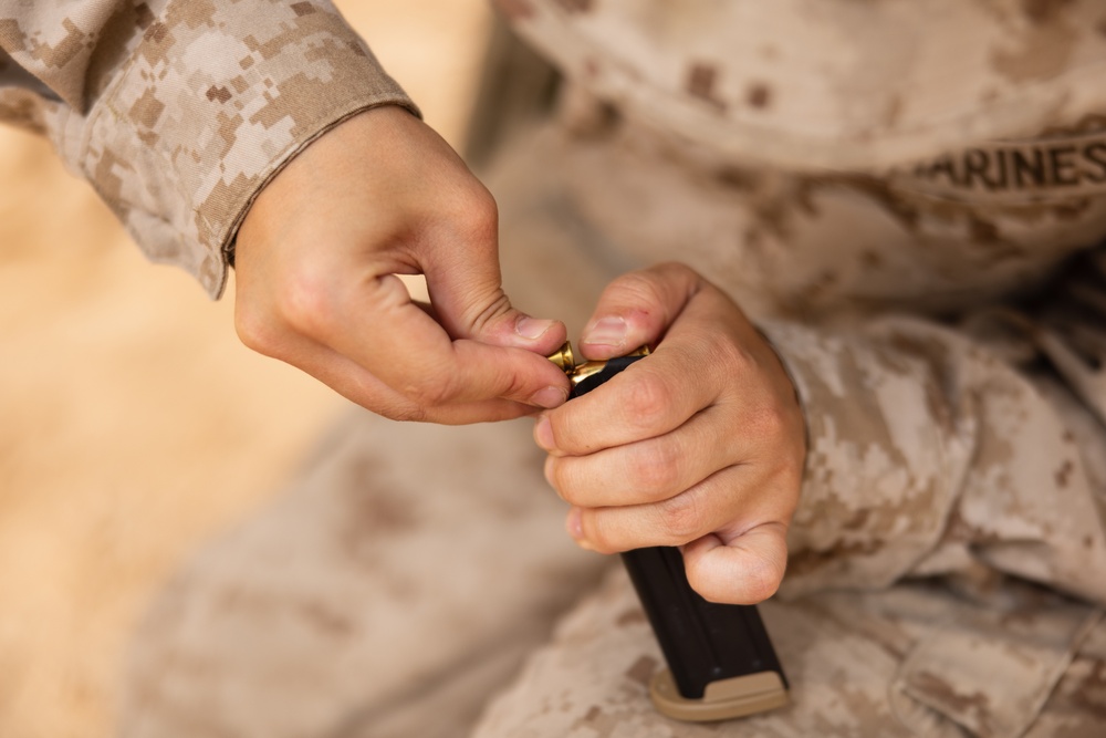 Marines with 3rd Assault Amphibian Bn. attend pistol range during Bright Star 23.