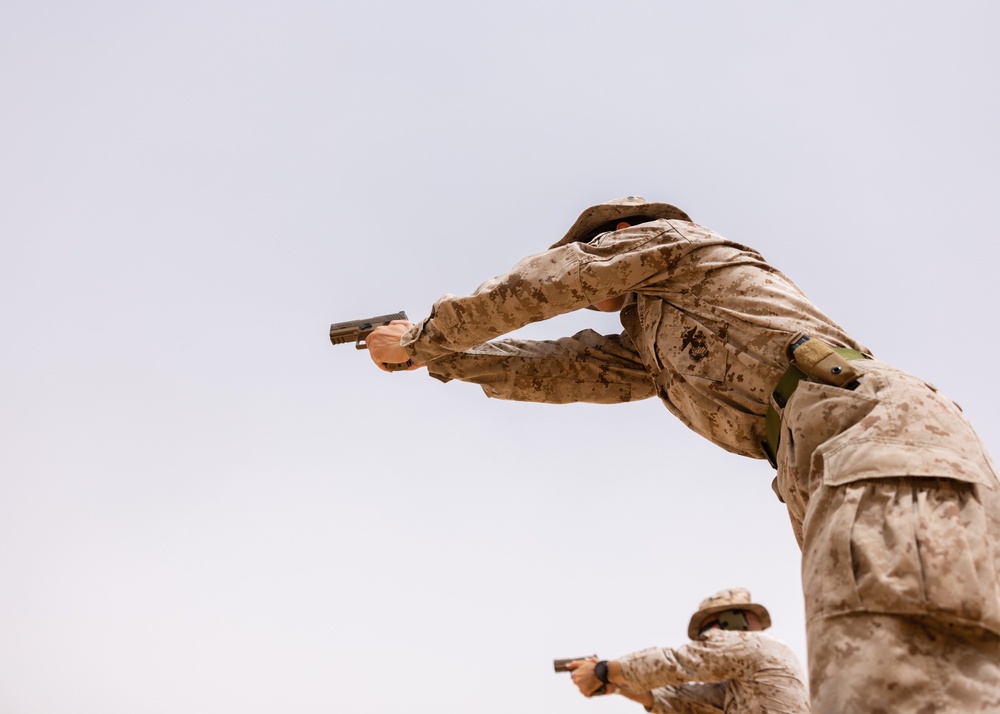 Marines with 3rd Assault Amphibian Bn. attend pistol range during Bright Star 23.