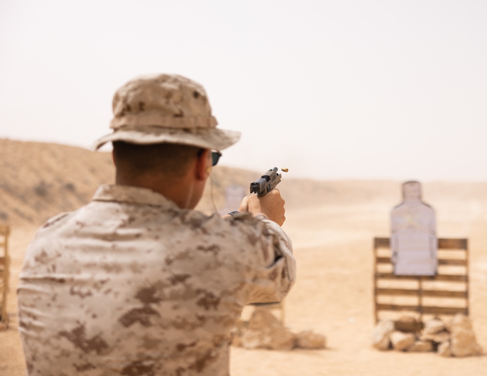 Marines with 3rd Assault Amphibian Bn. attend pistol range during Bright Star 23.