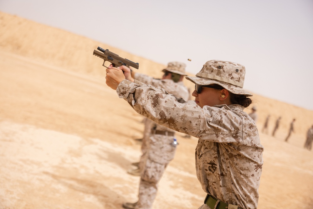 Marines with 3rd Assault Amphibian Bn. attend pistol range during Bright Star 23.