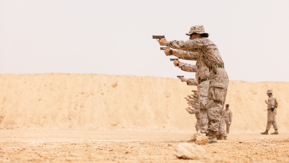 Marines with 3rd Assault Amphibian Bn. attend pistol range during Bright Star 23.