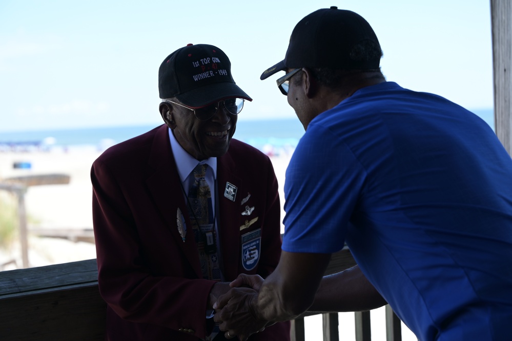 One of the original Tuskegee Airmen pilots attends F-22 Raptor practice demo at Tybee Island Beach during William Tell 2023