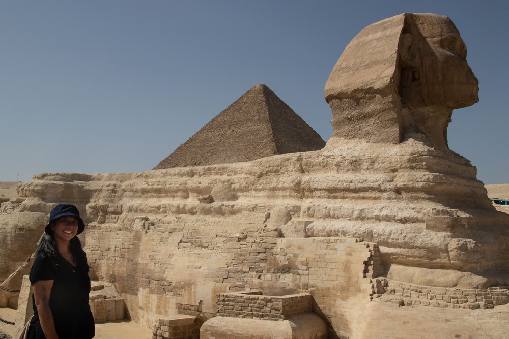 U.S. Army Staff Sgt. Lani Pascual, a public affairs mass communications non-commissioned officer from Task Force Spartan, visits the Sphinx during cultural day during exercise Bright Star 23 at Giza