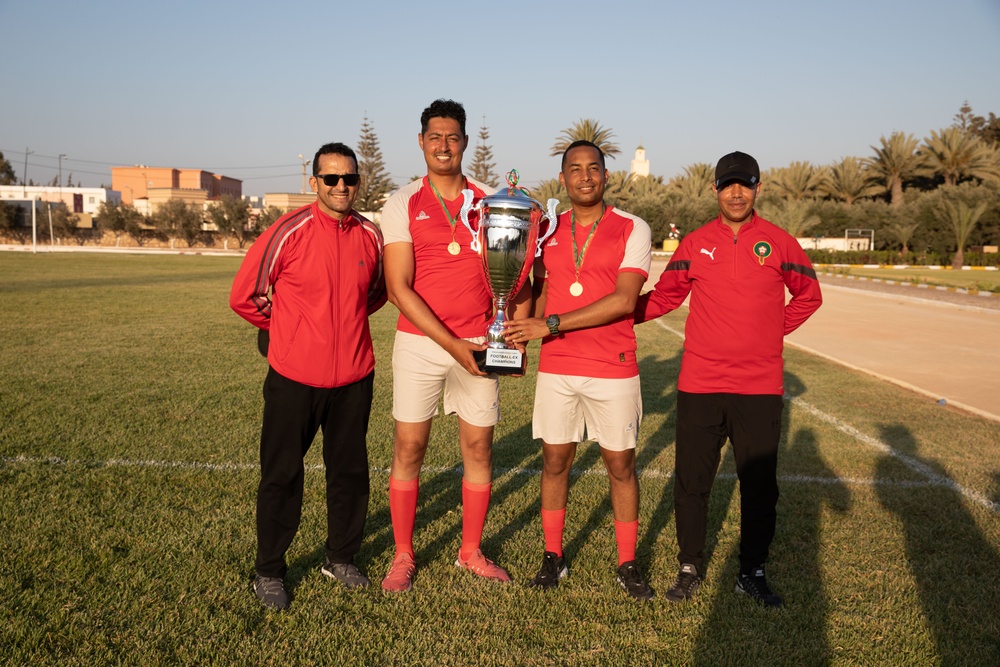 Soldiers from multiple countries play in an organized “African Lion” soccer game