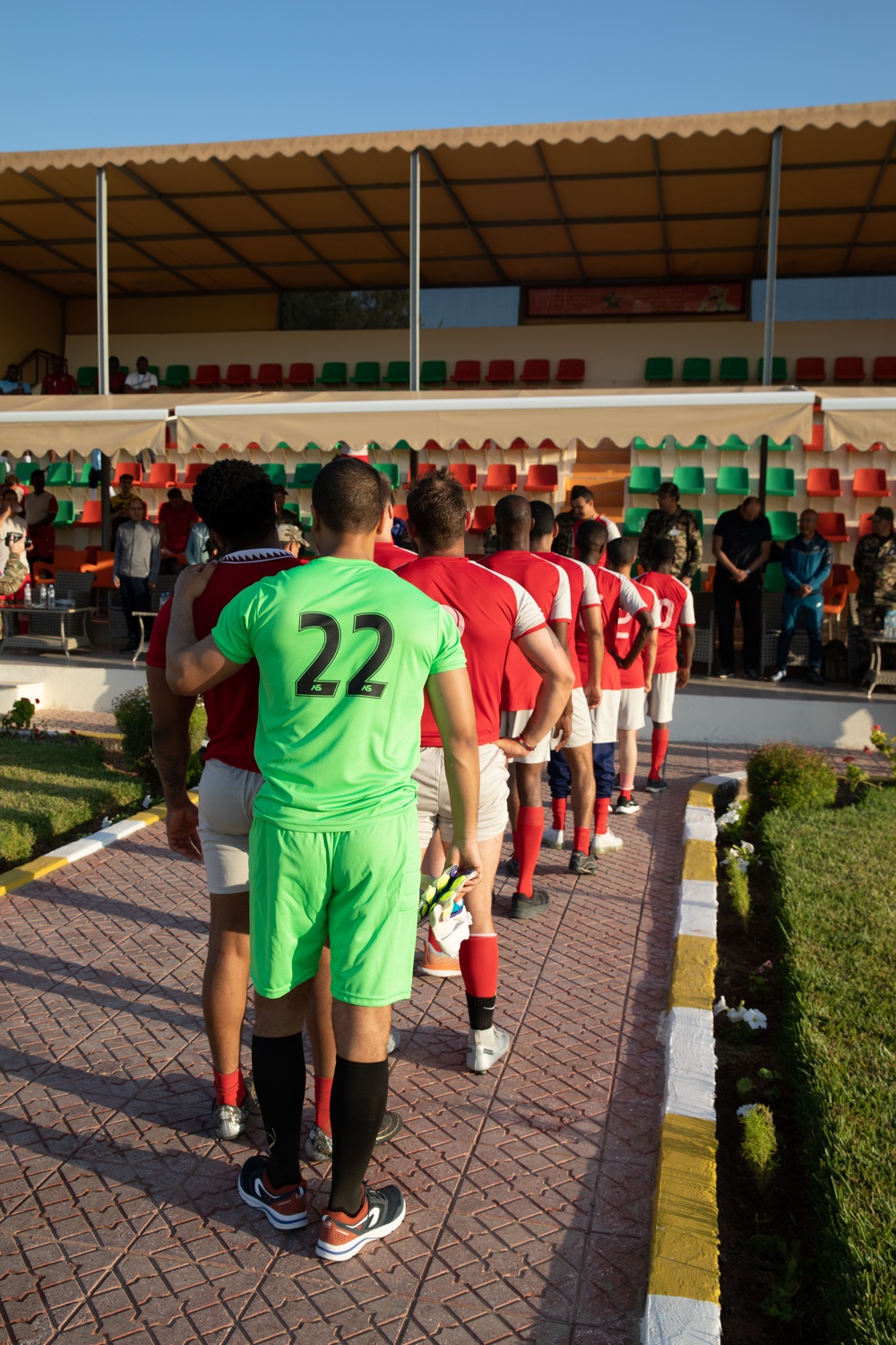 Soldiers from multiple countries play in an organized “African Lion” soccer game