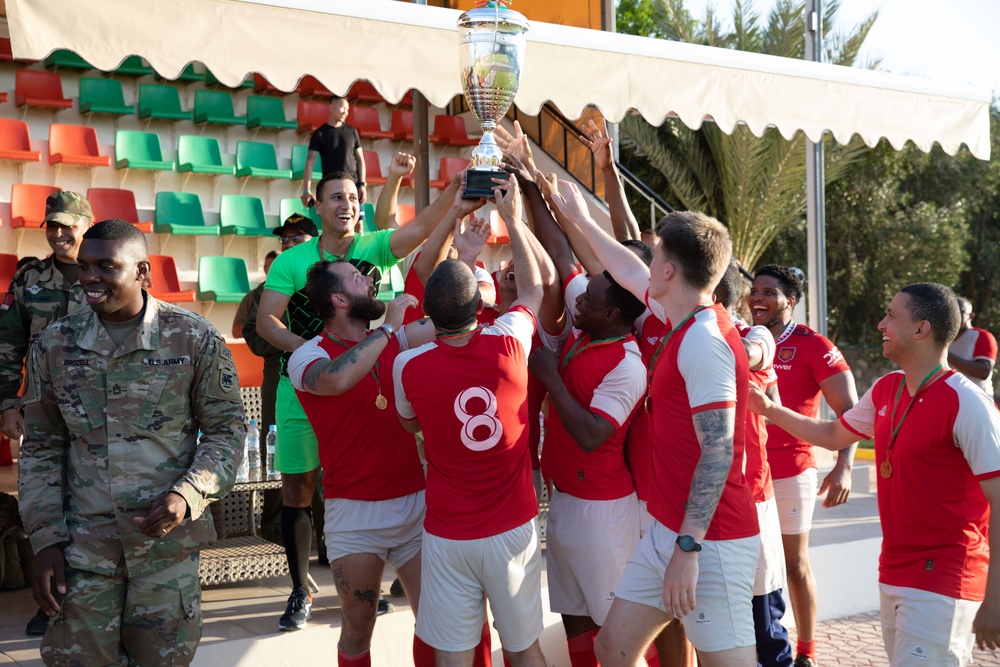 Soldiers from multiple countries play in an organized “African Lion” soccer game