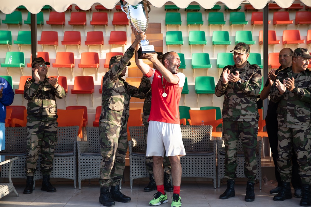 Soldiers from multiple countries play in an organized “African Lion” soccer game