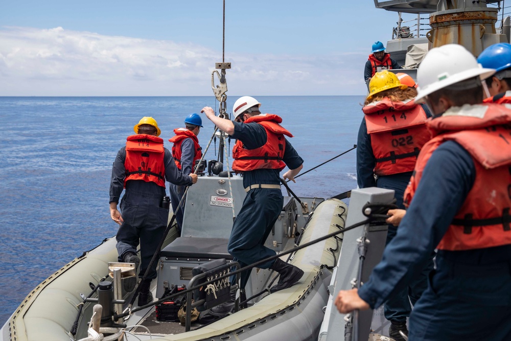 USS Ralph Johnson conducts boat ops.