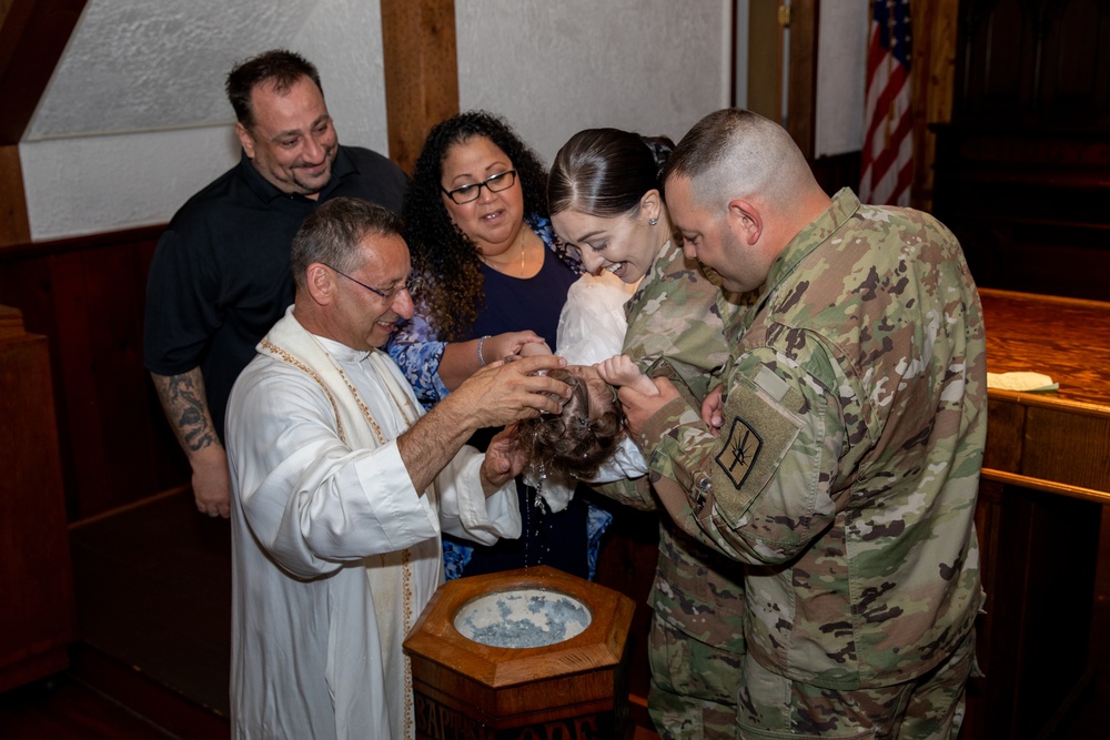 New York National Guard Soldiers baptize daughter at Camp Smith