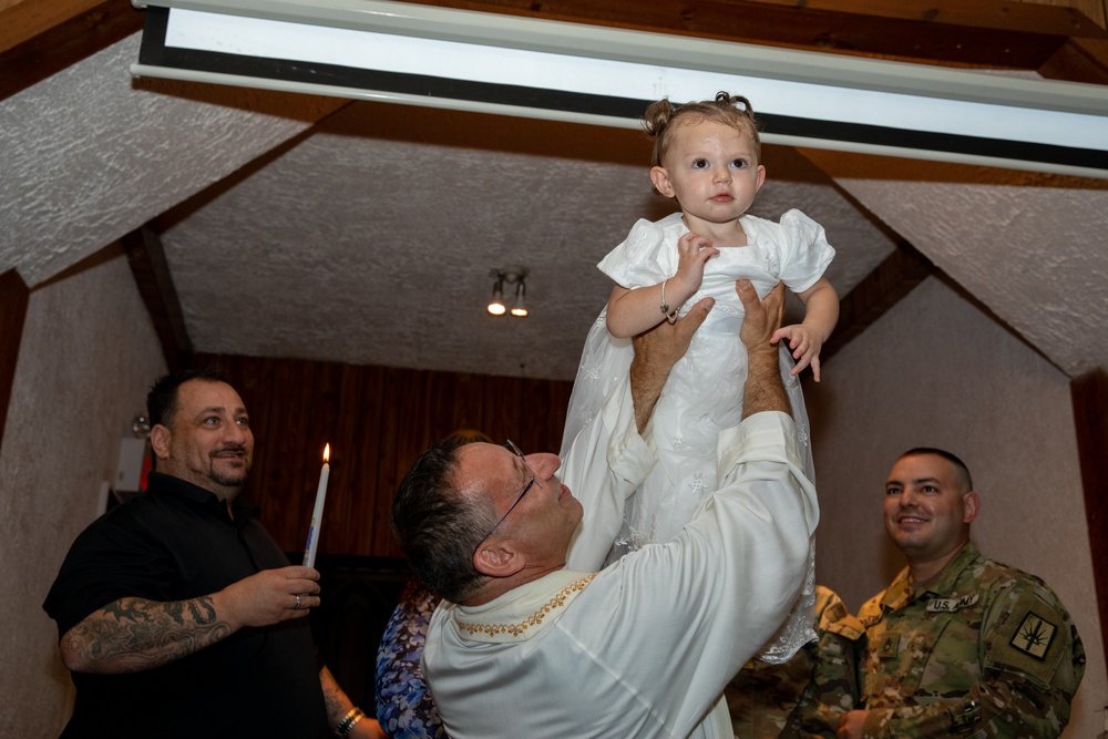 New York National Guard Soldiers baptize daughter at Camp Smith