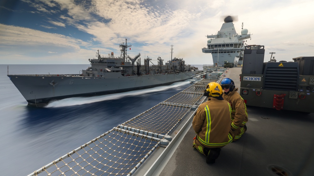 HMS Prince of Wales Receives Fuel from USNS Supply During Resupply Operation at Sea