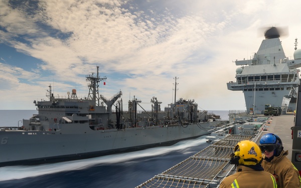HMS Prince of Wales Receives Fuel from USNS Supply During Resupply Operation at Sea