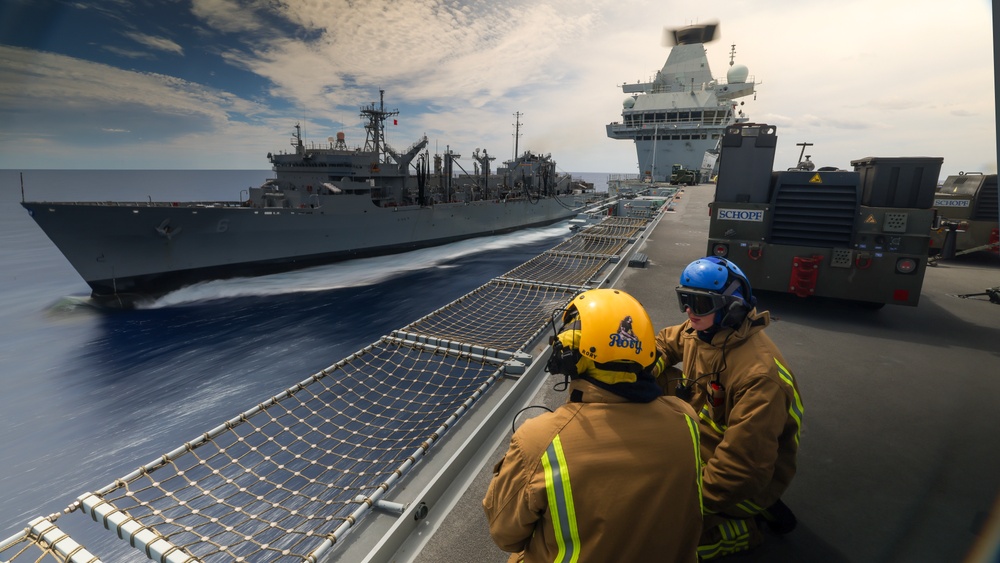 HMS Prince of Wales Receives Fuel from USNS Supply During Resupply Operation at Sea