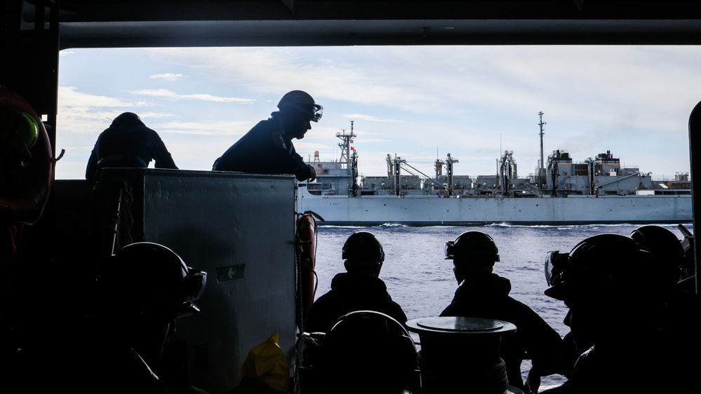 HMS Prince of Wales Receives Fuel from USNS Supply During Resupply Operation at Sea