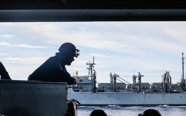 HMS Prince of Wales Receives Fuel from USNS Supply During Resupply Operation at Sea