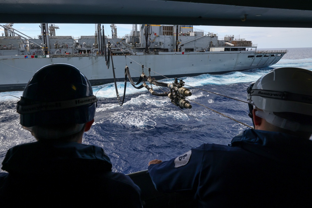 HMS Prince of Wales Receives Fuel from USNS Supply During Resupply Operation at Sea