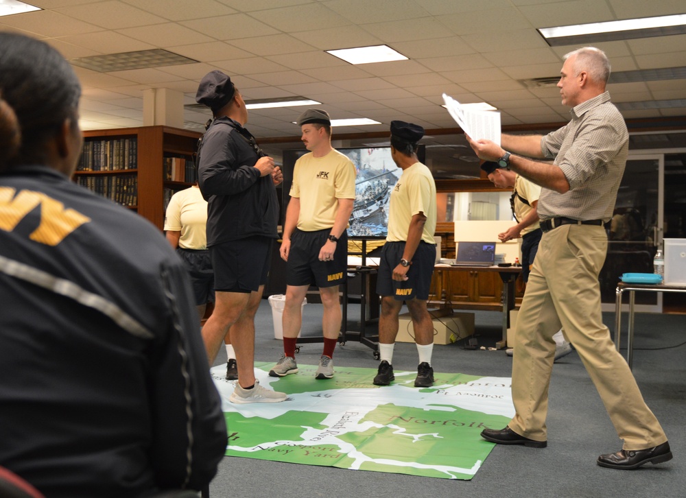 Chief Petty Officer selectees from PCU John F. Kennedy (CVN 79) participate in history program provided by the Hampton Roads Naval Museum