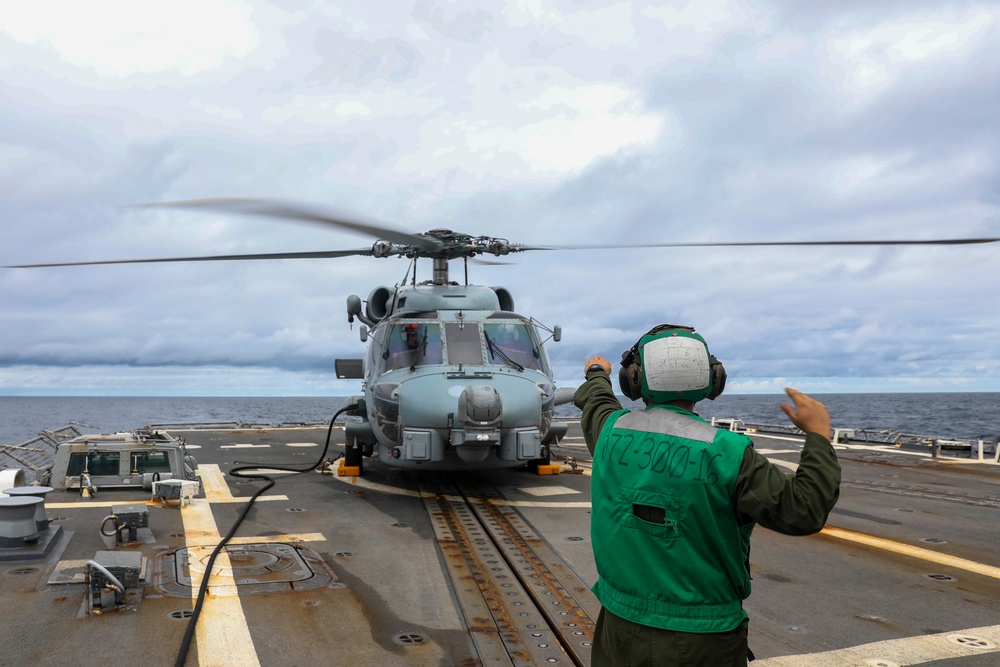 The Warlords of HMS 51 conduct flight operations aboard USS Shoup (DDG 86)