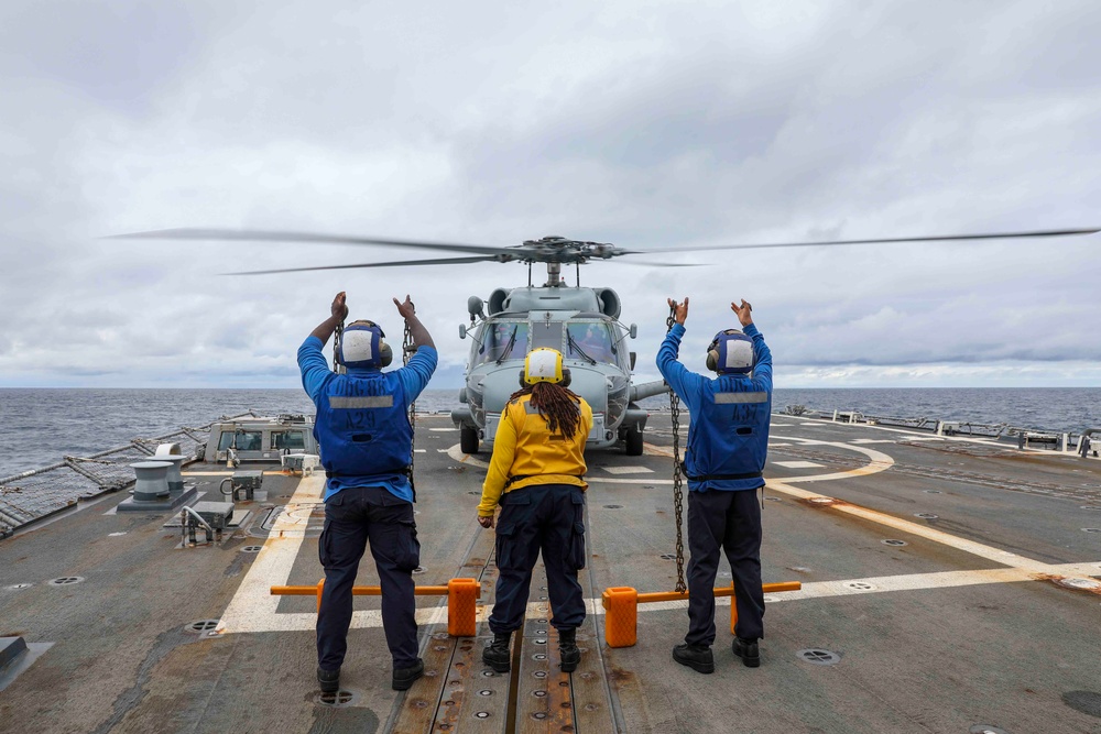 The Warlords of HMS 51 conduct flight operations aboard USS Shoup (DDG 86)